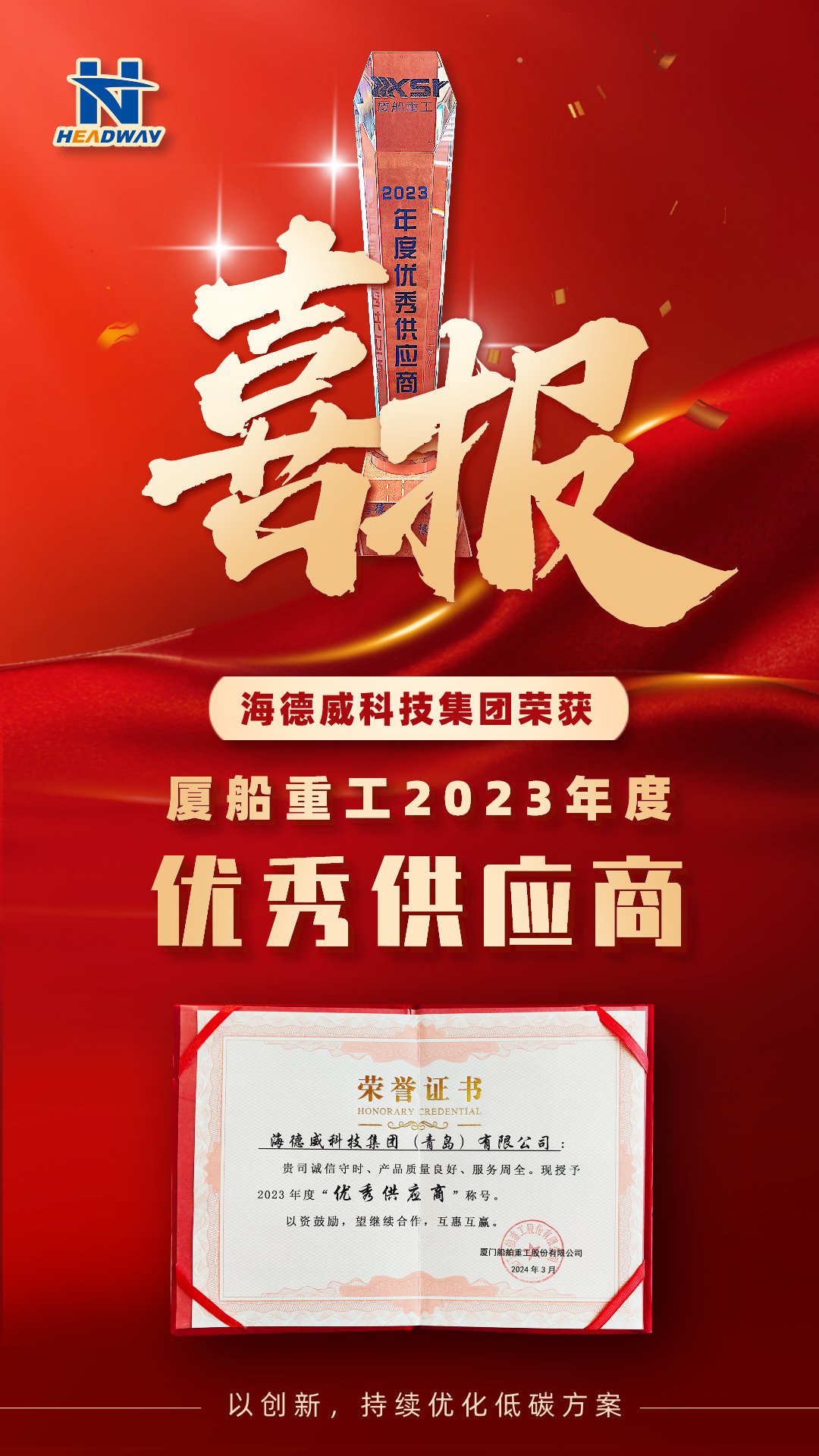 利来囯际被厦船重工授予年度「优异供应商」